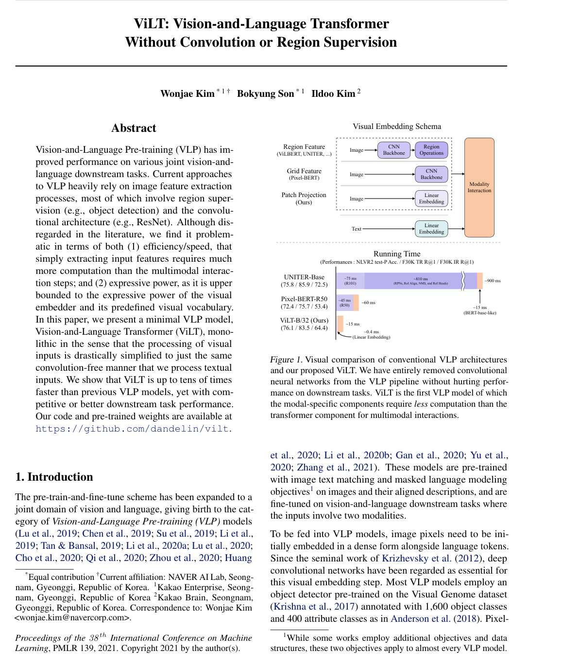 ViLT: Vision-and-Language Transformer Without Convolution or Region Supervision