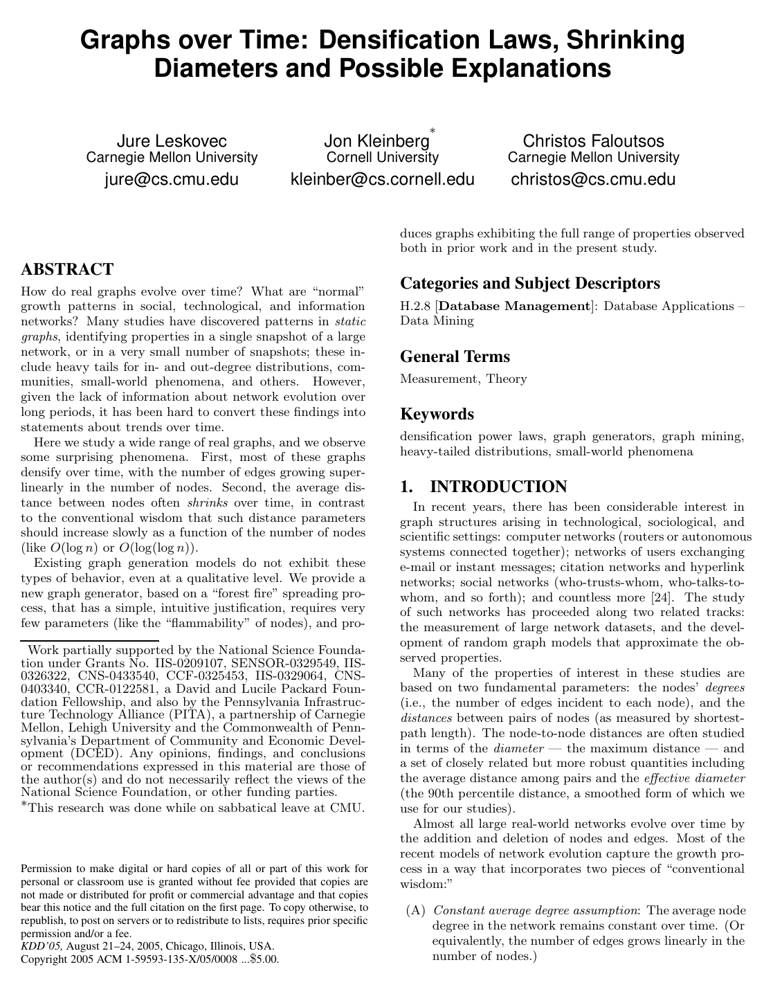Cover for Graphs over time: densification laws, shrinking diameters and possible explanations