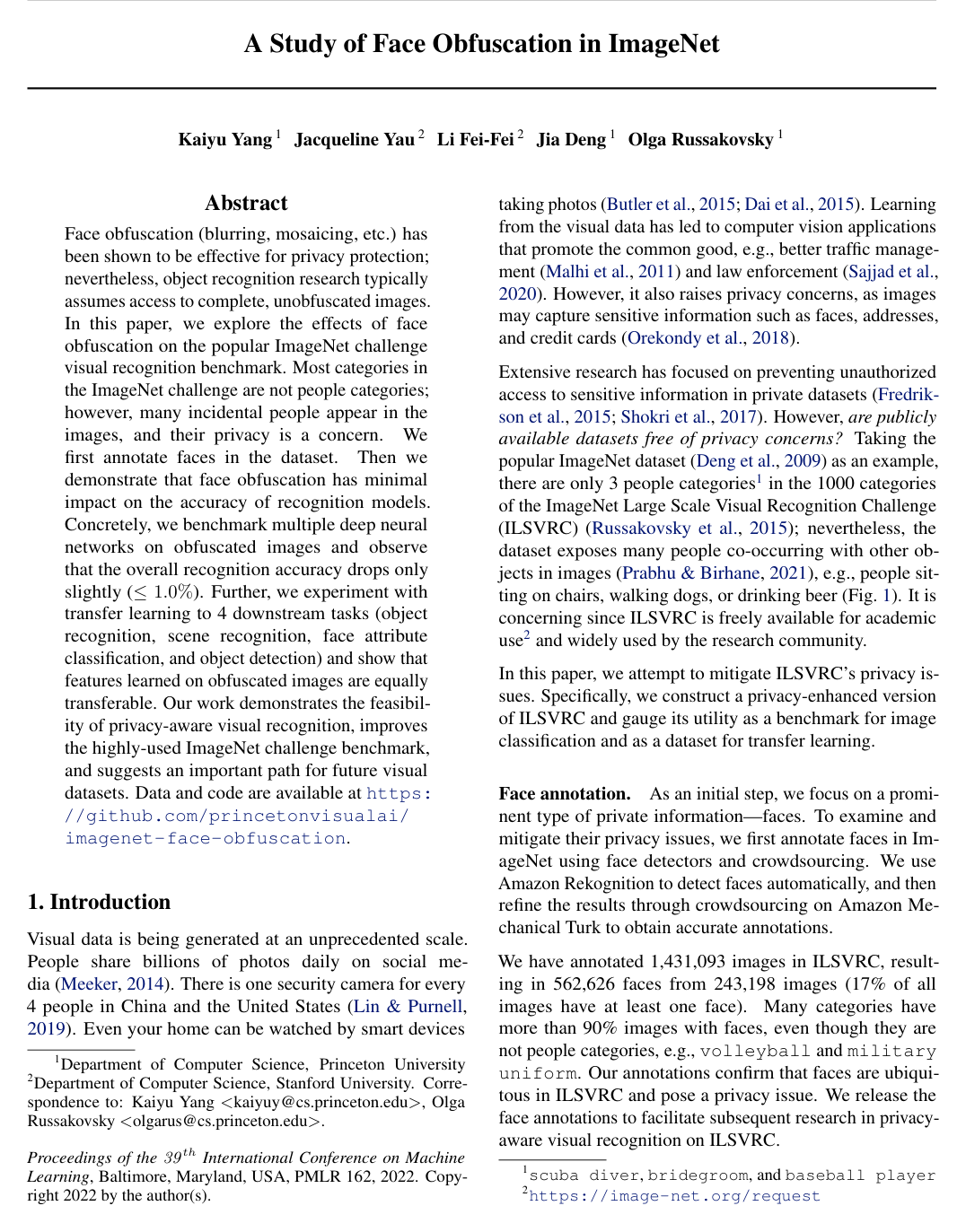 A Study of Face Obfuscation in ImageNet