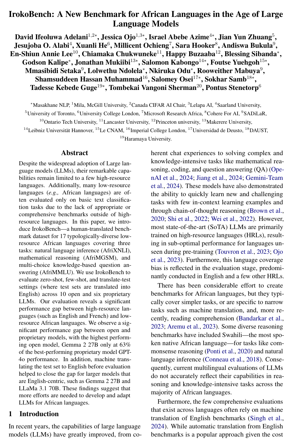 IrokoBench: A New Benchmark for African Languages in the Age of Large Language Models