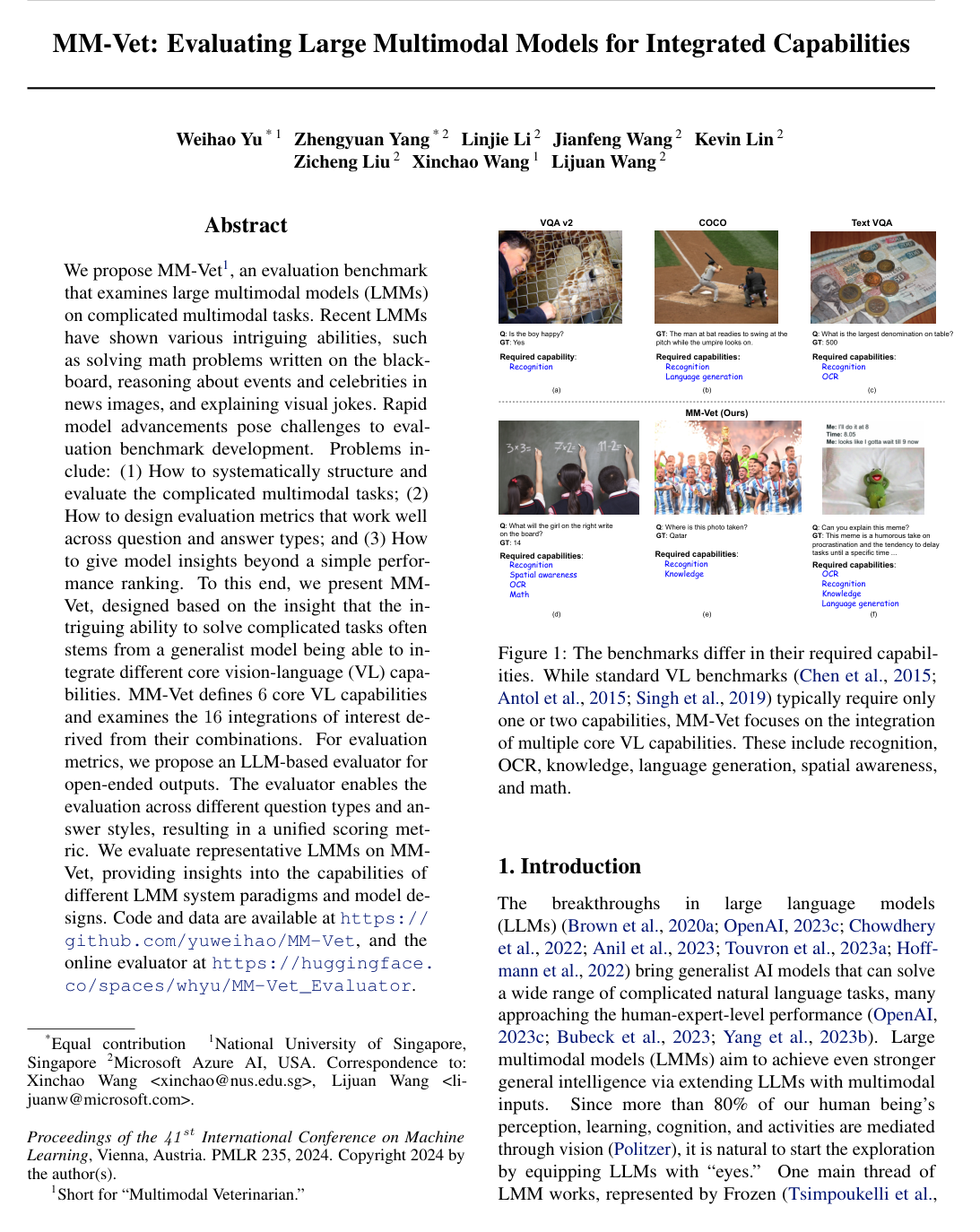 MM-Vet: Evaluating Large Multimodal Models for Integrated Capabilities