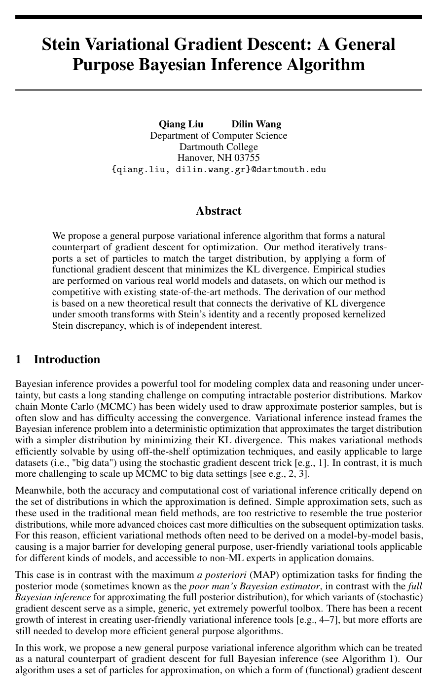 Cover for Stein Variational Gradient Descent: A General Purpose Bayesian Inference Algorithm