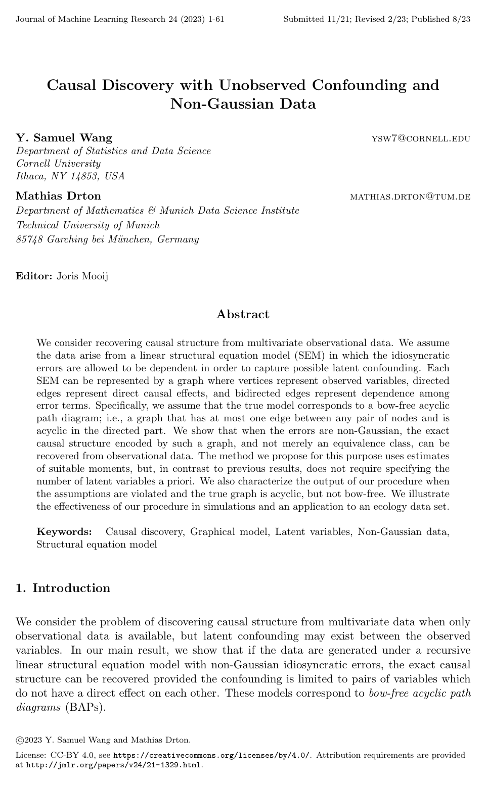 Causal Discovery with Unobserved Confounding and Non-Gaussian Data