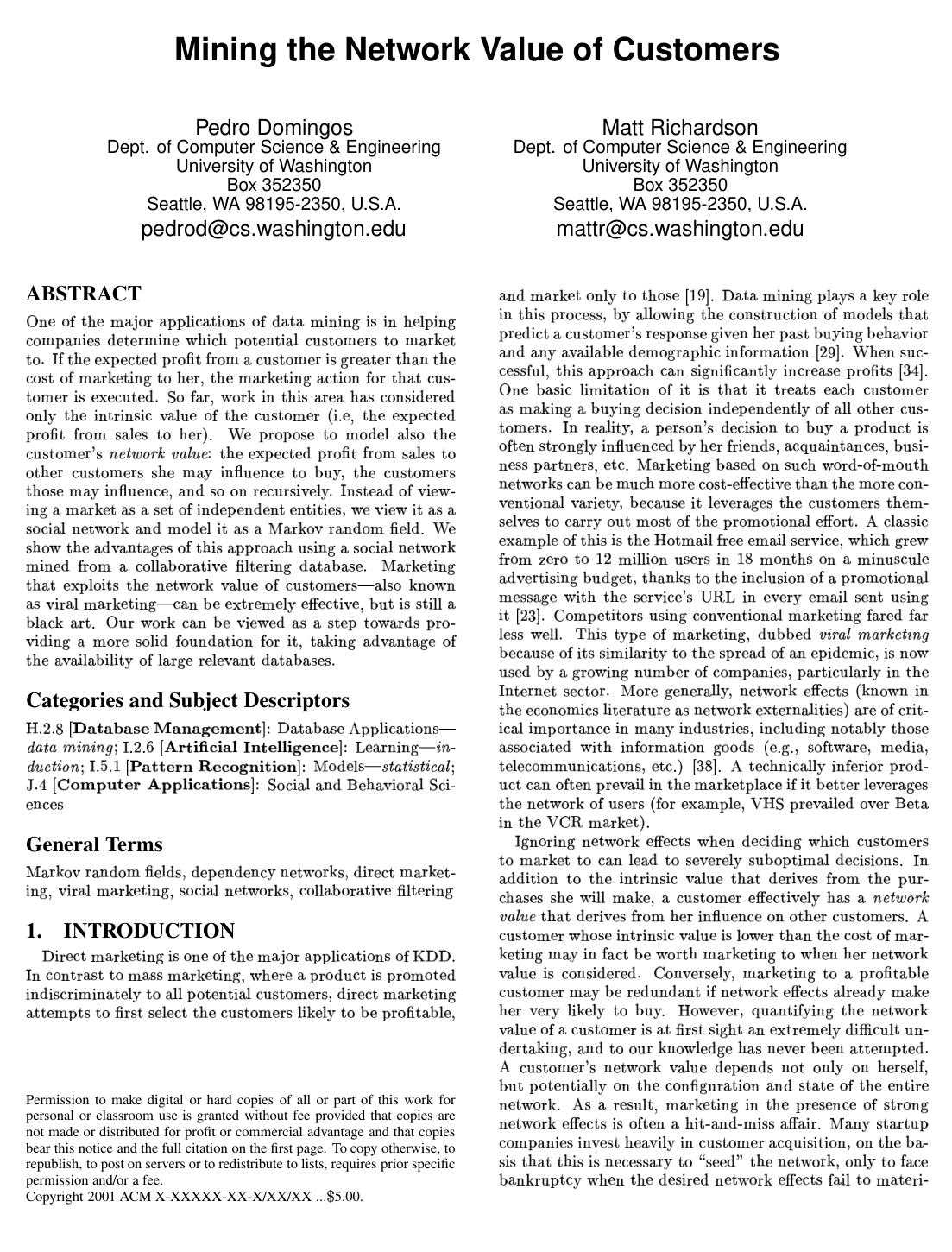 Cover for Mining the network value of customers