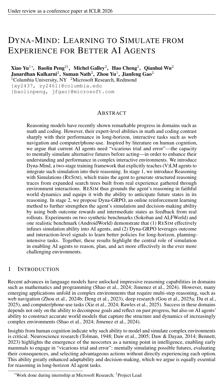 Cover for Dyna-Mind: Learning to Simulate from Experience for Better AI Agents
