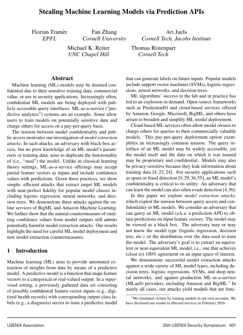 Cover for Stealing Machine Learning Models via Prediction APIs