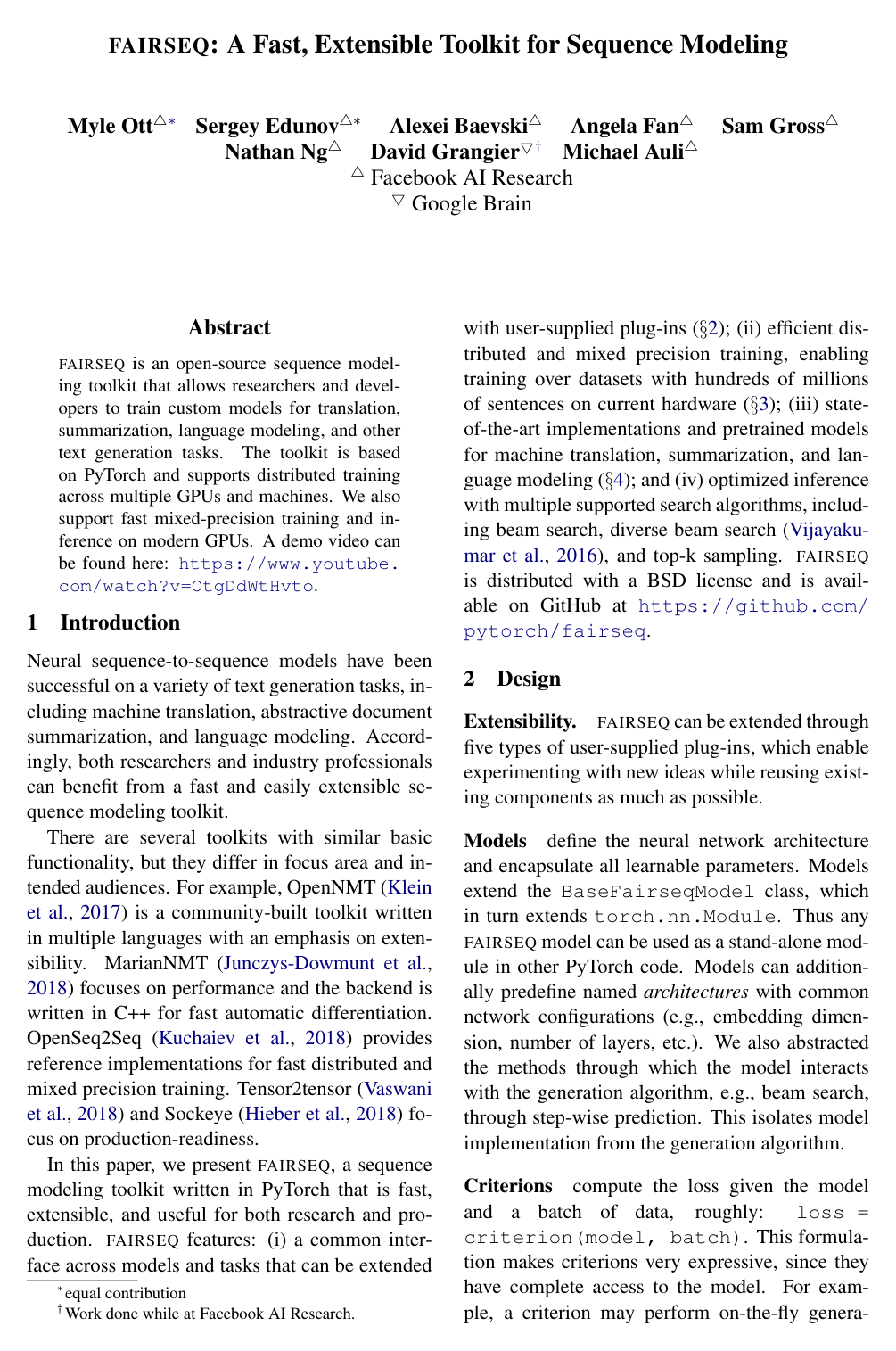 fairseq: A Fast, Extensible Toolkit for Sequence Modeling