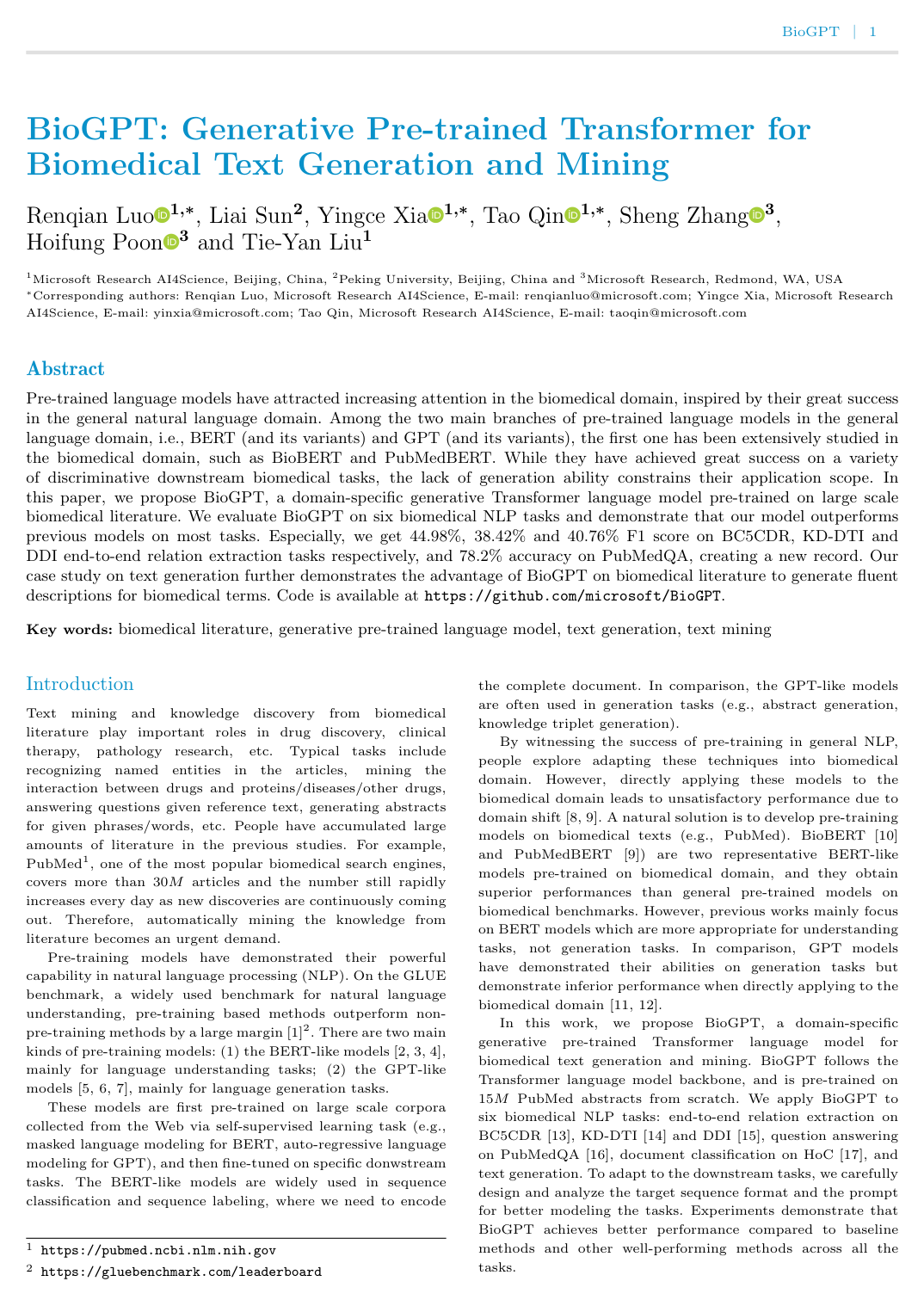 BioGPT: Generative Pre-trained Transformer for Biomedical Text Generation and Mining