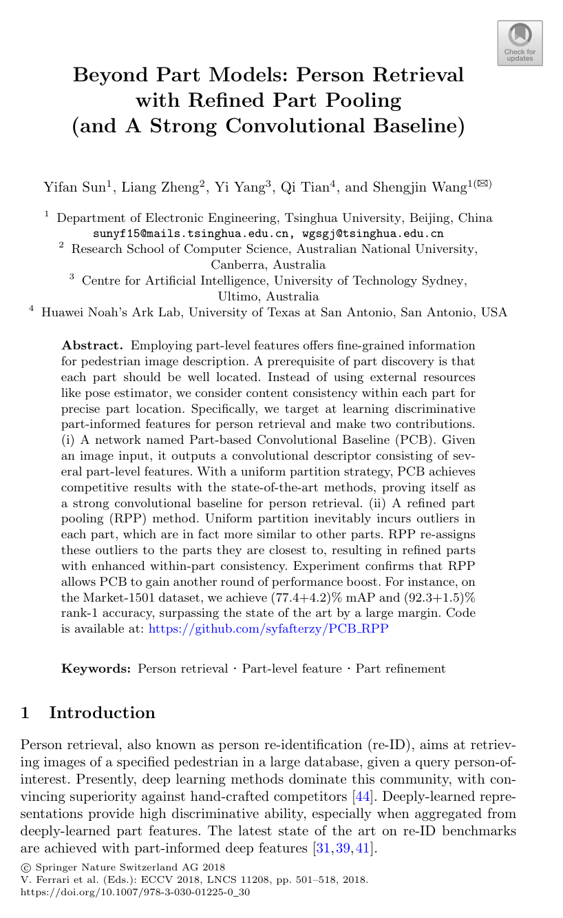 Cover for Beyond Part Models: Person Retrieval with Refined Part Pooling