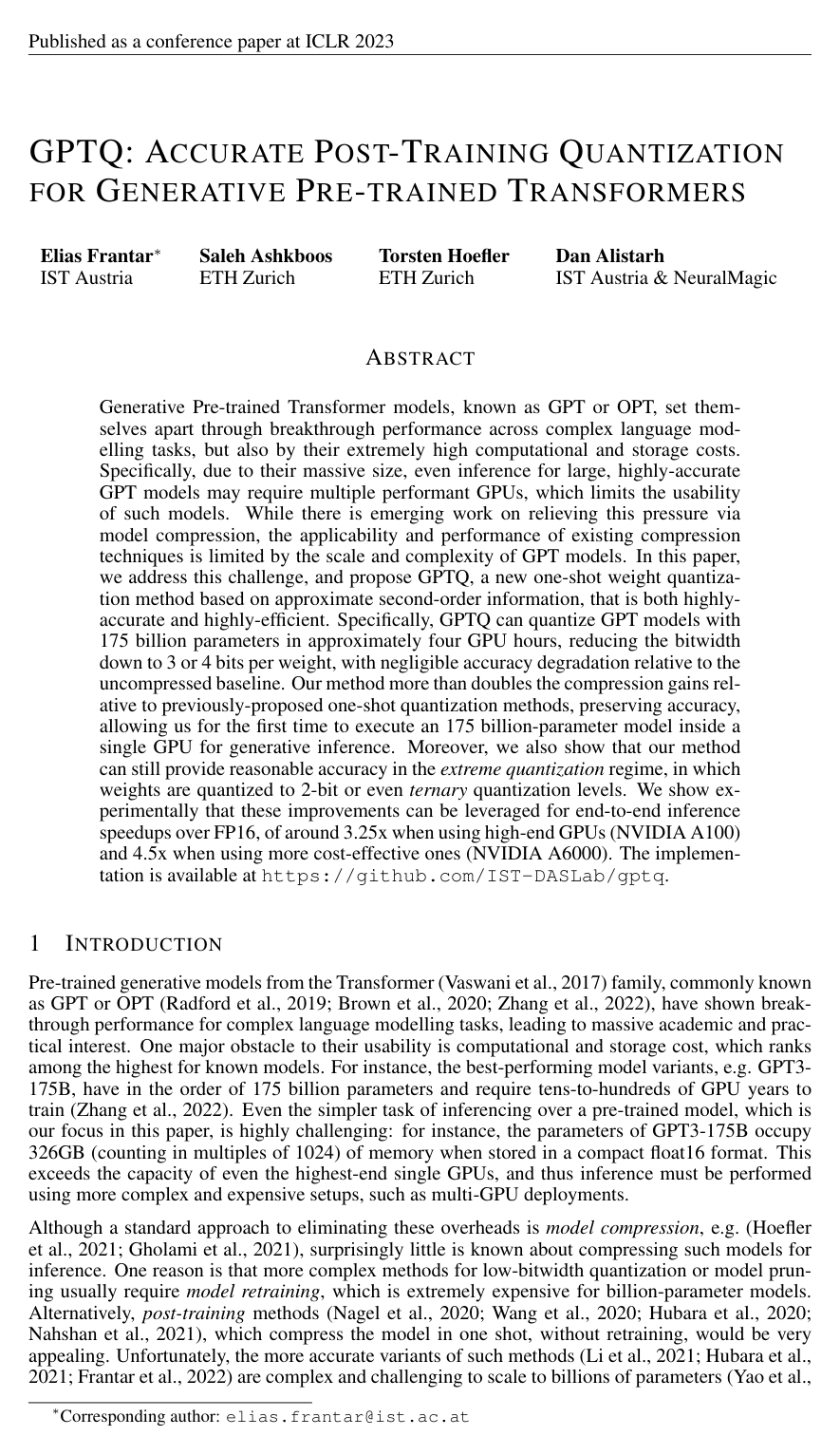 GPTQ: Accurate Post-Training Quantization for Generative Pre-trained Transformers