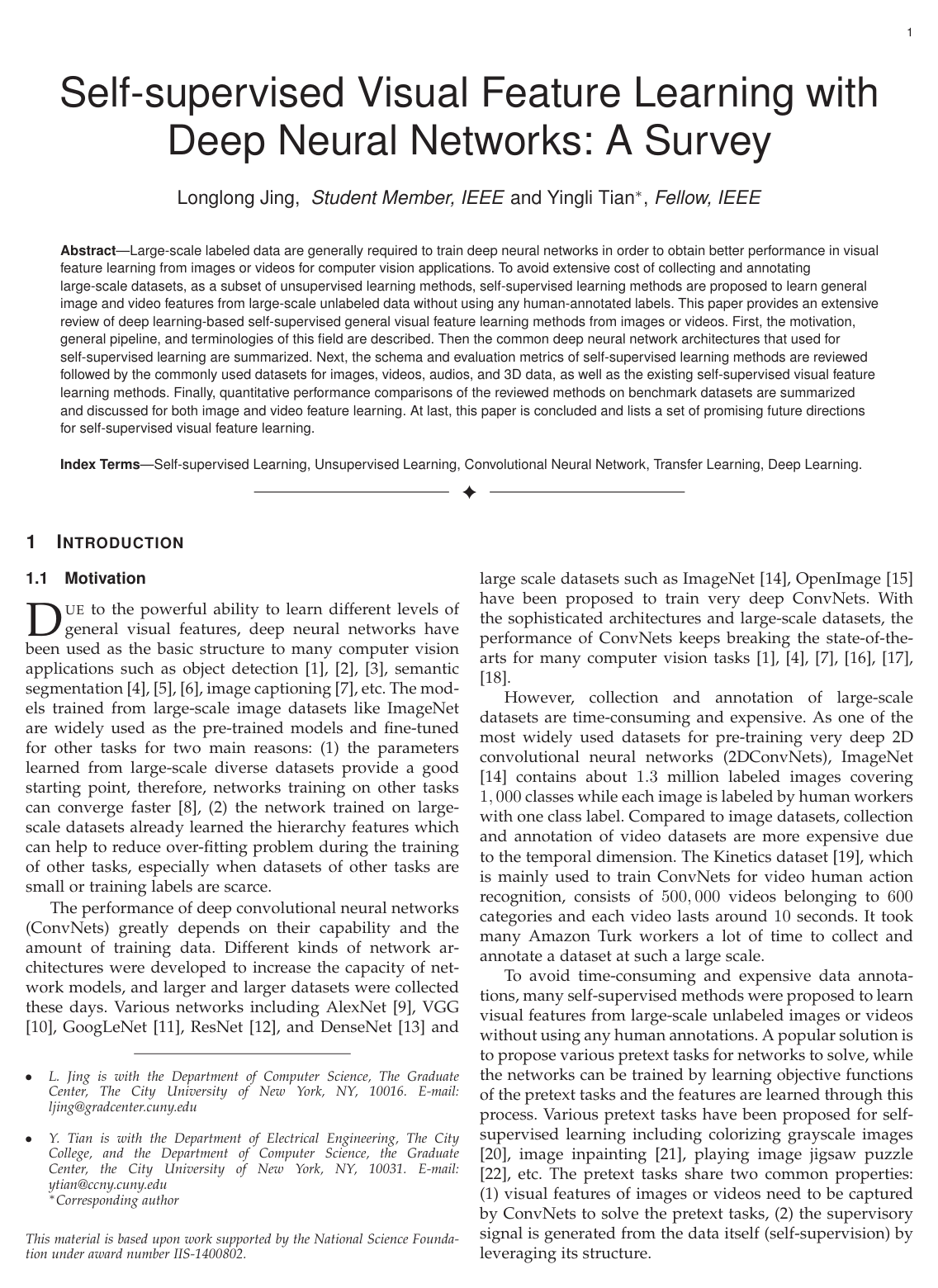 Cover for Self-Supervised Visual Feature Learning With Deep Neural Networks: A Survey
