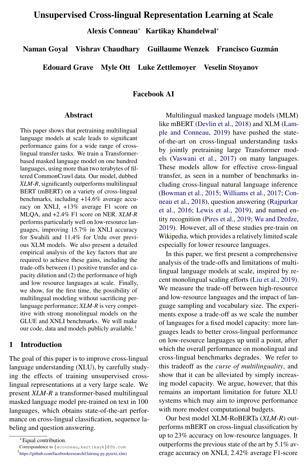 Unsupervised Cross-lingual Representation Learning at Scale