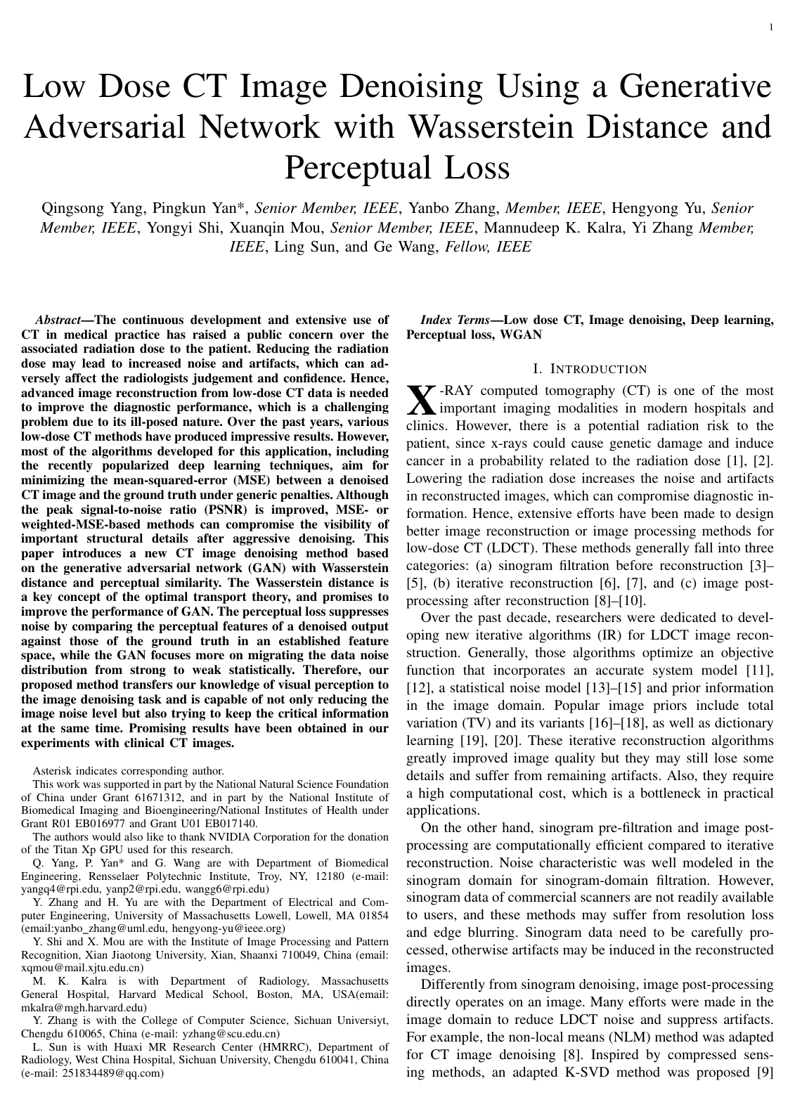 Cover for Low Dose CT Image Denoising Using a Generative Adversarial Network with Wasserstein Distance and Perceptual Loss