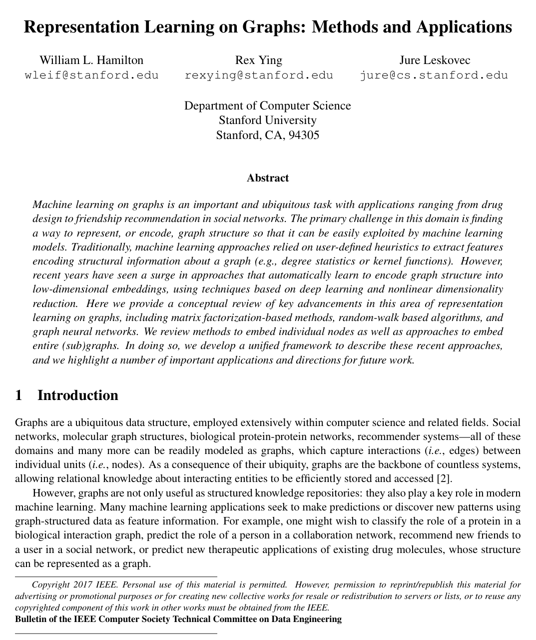 Cover for Representation Learning on Graphs: Methods and Applications