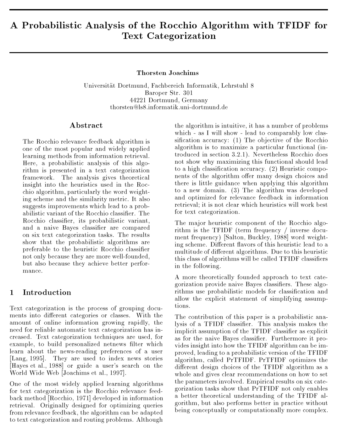 A Probabilistic Analysis of the Rocchio Algorithm with TFIDF for Text Categorization