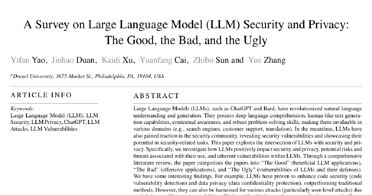 A Survey on Large Language Model (LLM) Security and Privacy: The Good, the Bad, and the Ugly cover