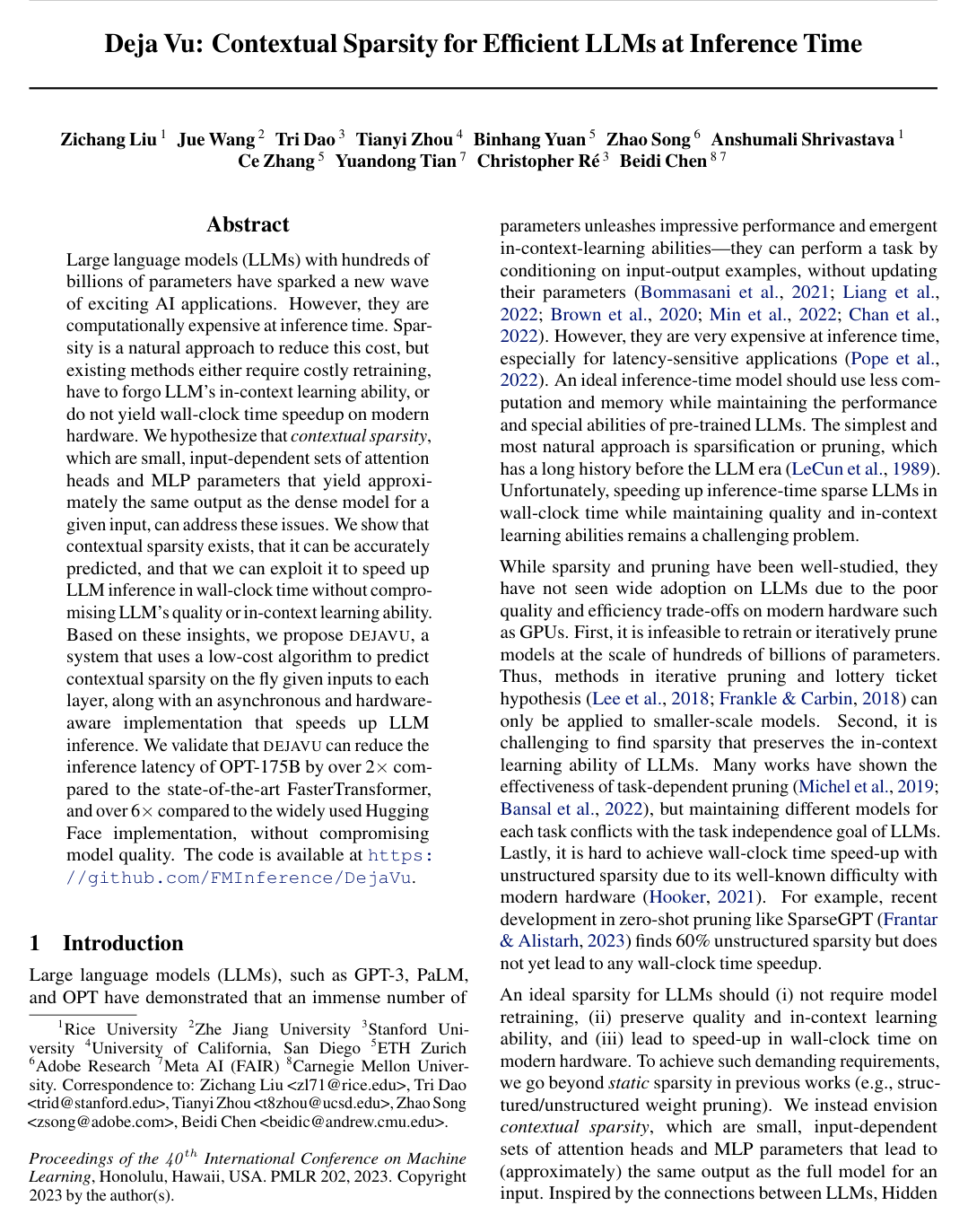 Cover for Deja Vu: Contextual Sparsity for Efficient LLMs at Inference Time