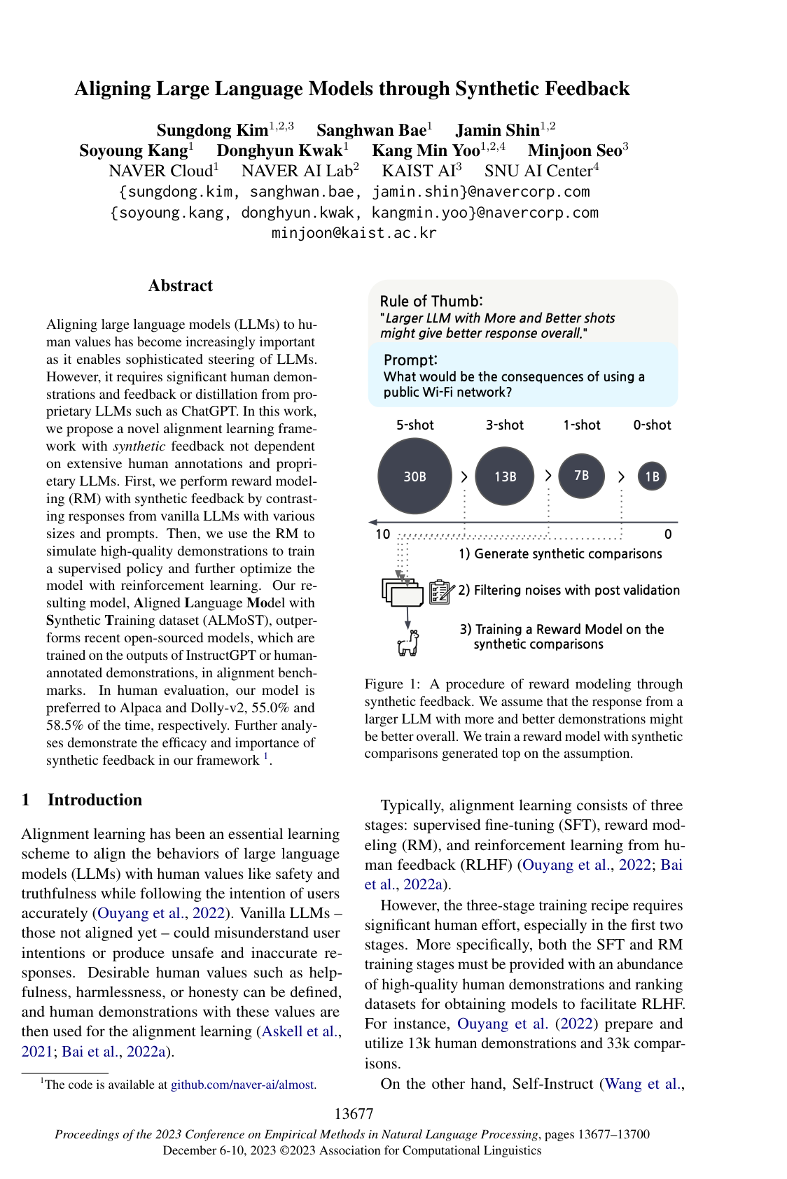 Aligning Large Language Models through Synthetic Feedback