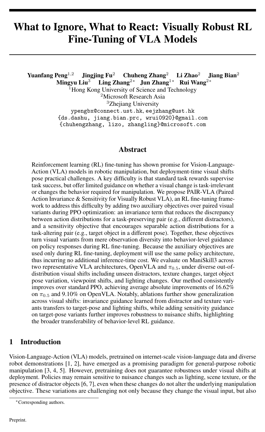Cover for What to Ignore, What to React: Visually Robust RL Fine-Tuning of VLA Models
