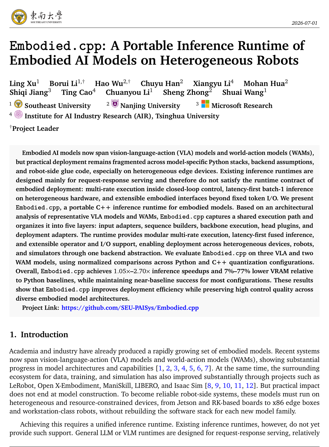 Embodied.cpp: A Portable Inference Runtime of Embodied AI Models on Heterogeneous Robots