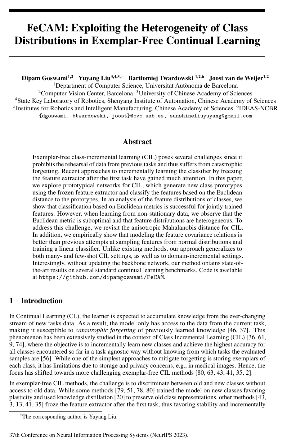 FeCAM: Exploiting the Heterogeneity of Class Distributions in Exemplar-Free Continual Learning