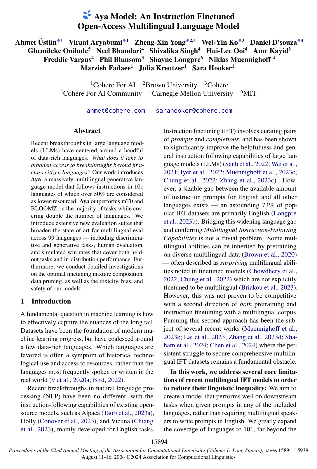 Cover for Aya Model: An Instruction Finetuned Open-Access Multilingual Language Model