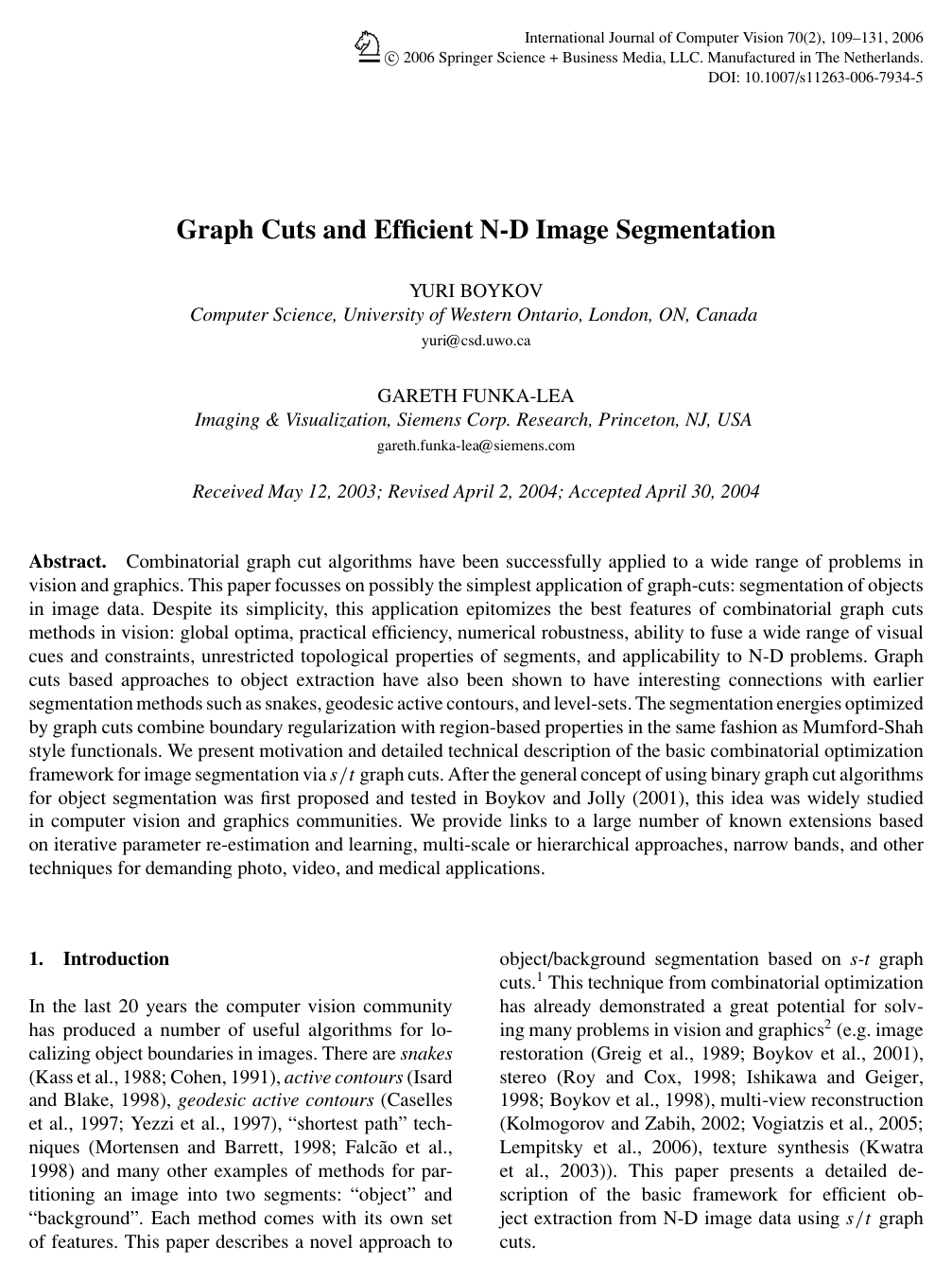 Cover for Graph Cuts and Efficient N-D Image Segmentation