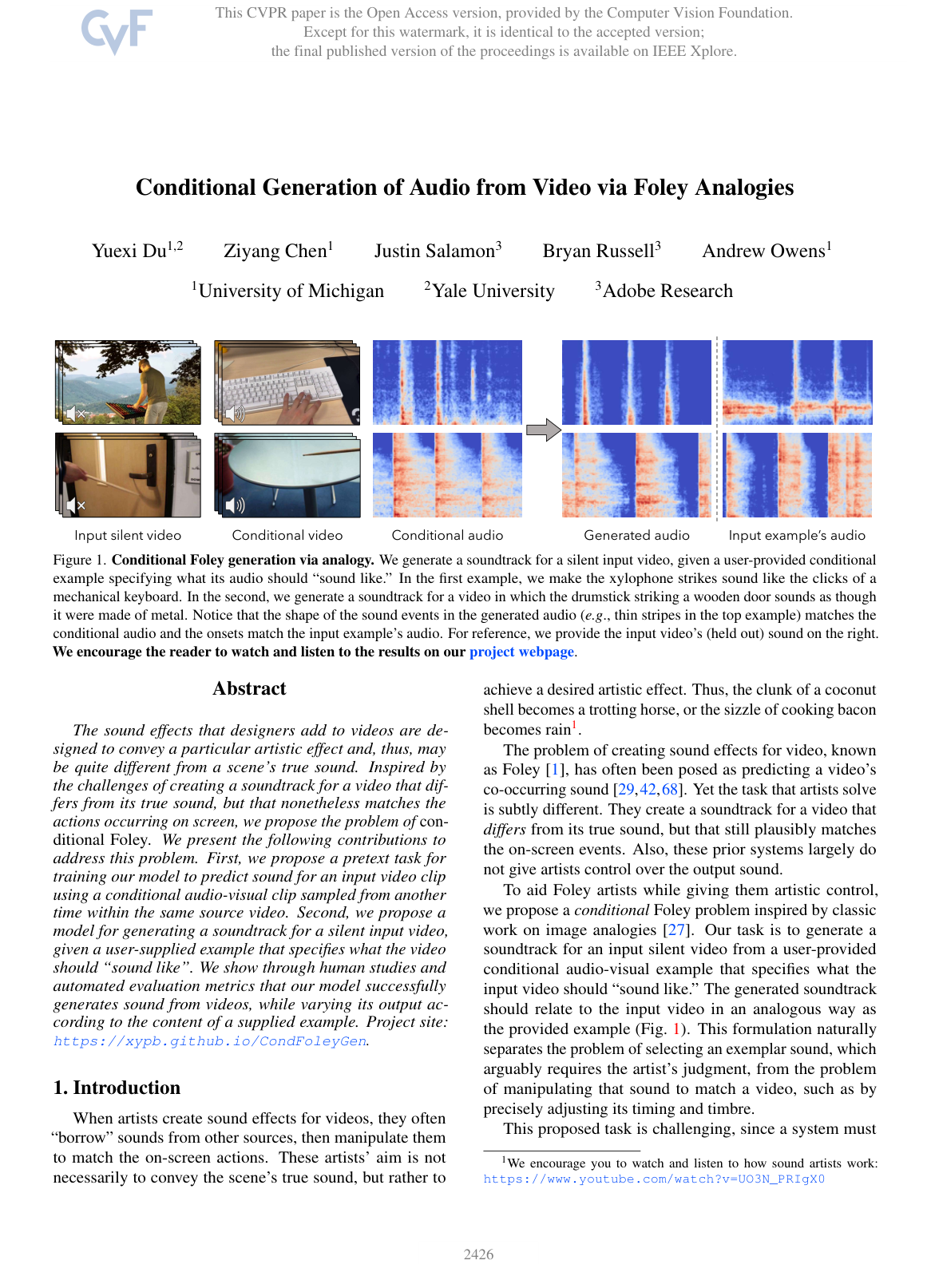 Cover for Conditional Generation of Audio from Video via Foley Analogies