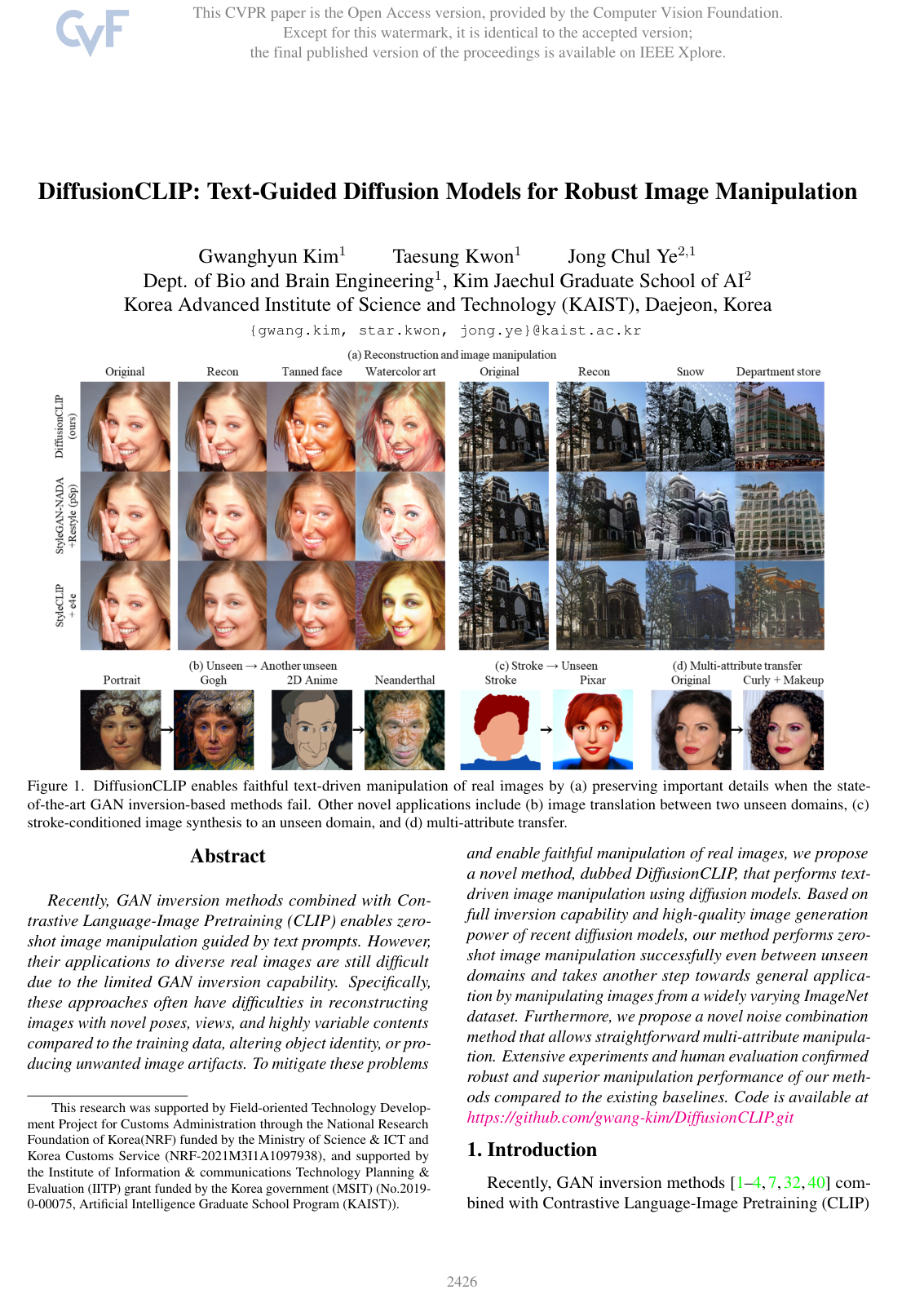 DiffusionCLIP: Text-Guided Diffusion Models for Robust Image Manipulation