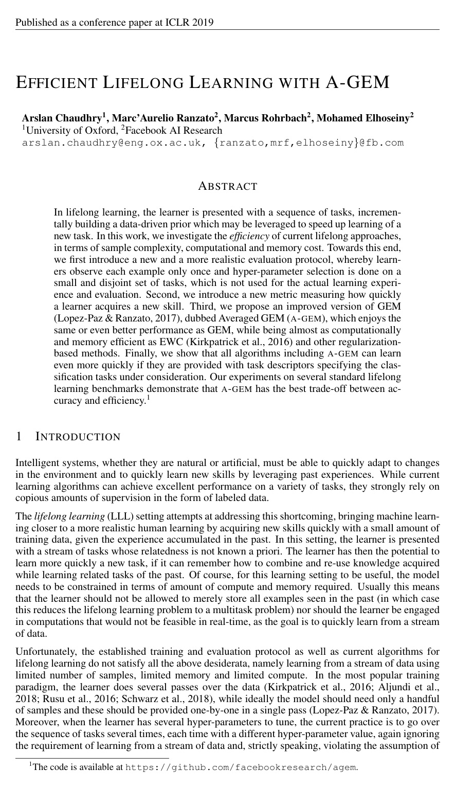 Cover for Efficient Lifelong Learning with A-GEM