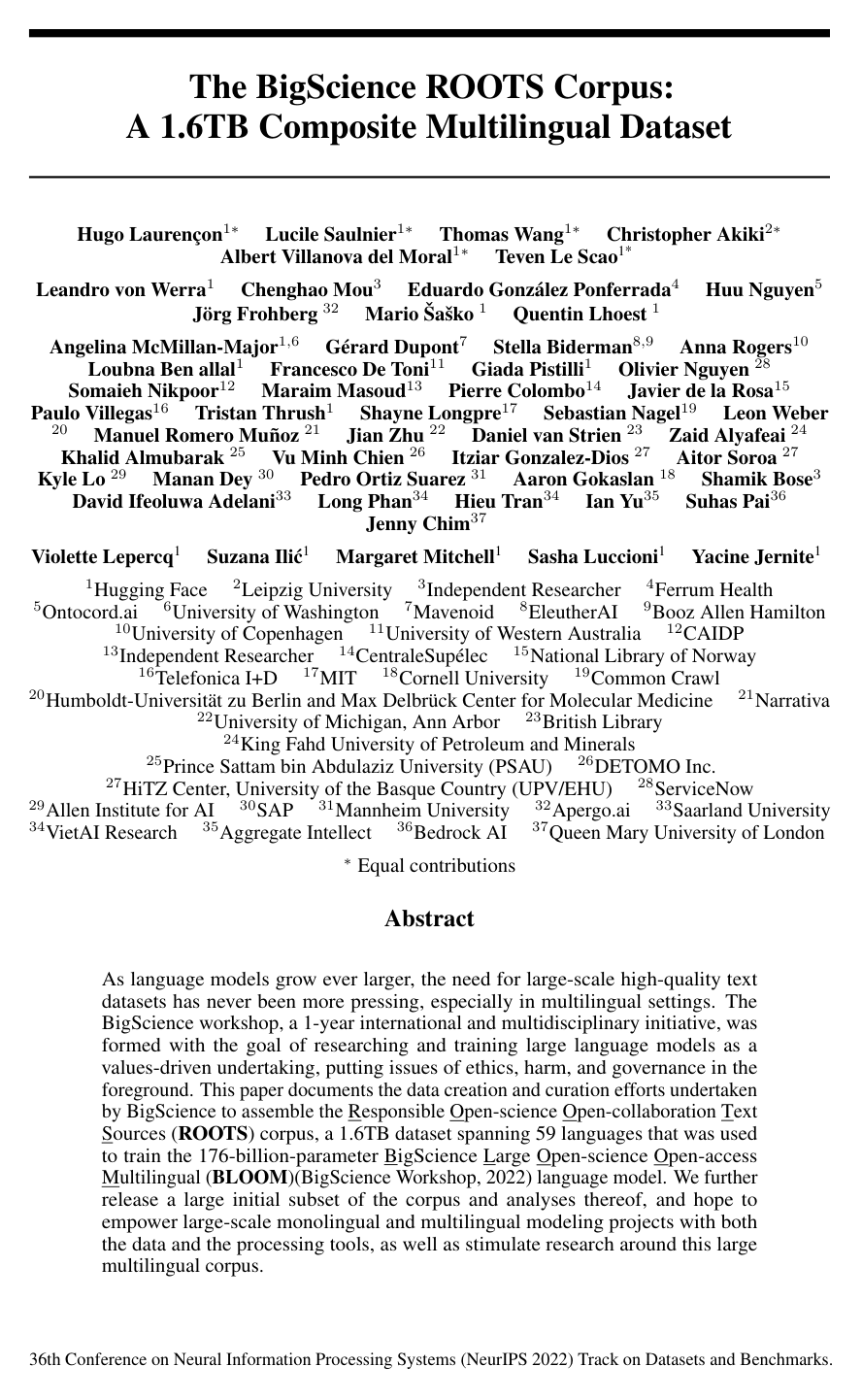 The BigScience ROOTS Corpus: A 1.6TB Composite Multilingual Dataset