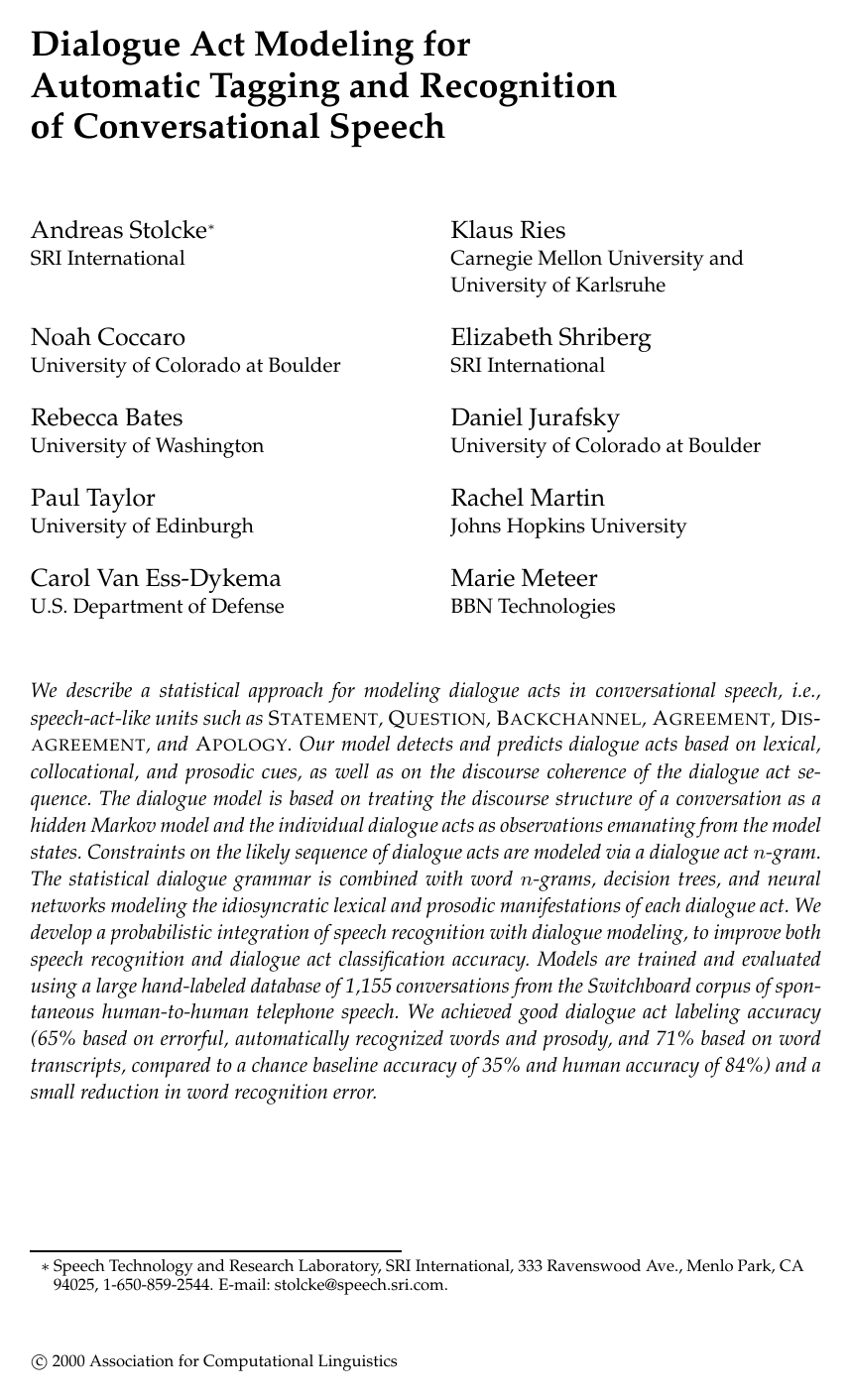 Cover for Dialogue act modeling for automatic tagging and recognition of conversational speech
