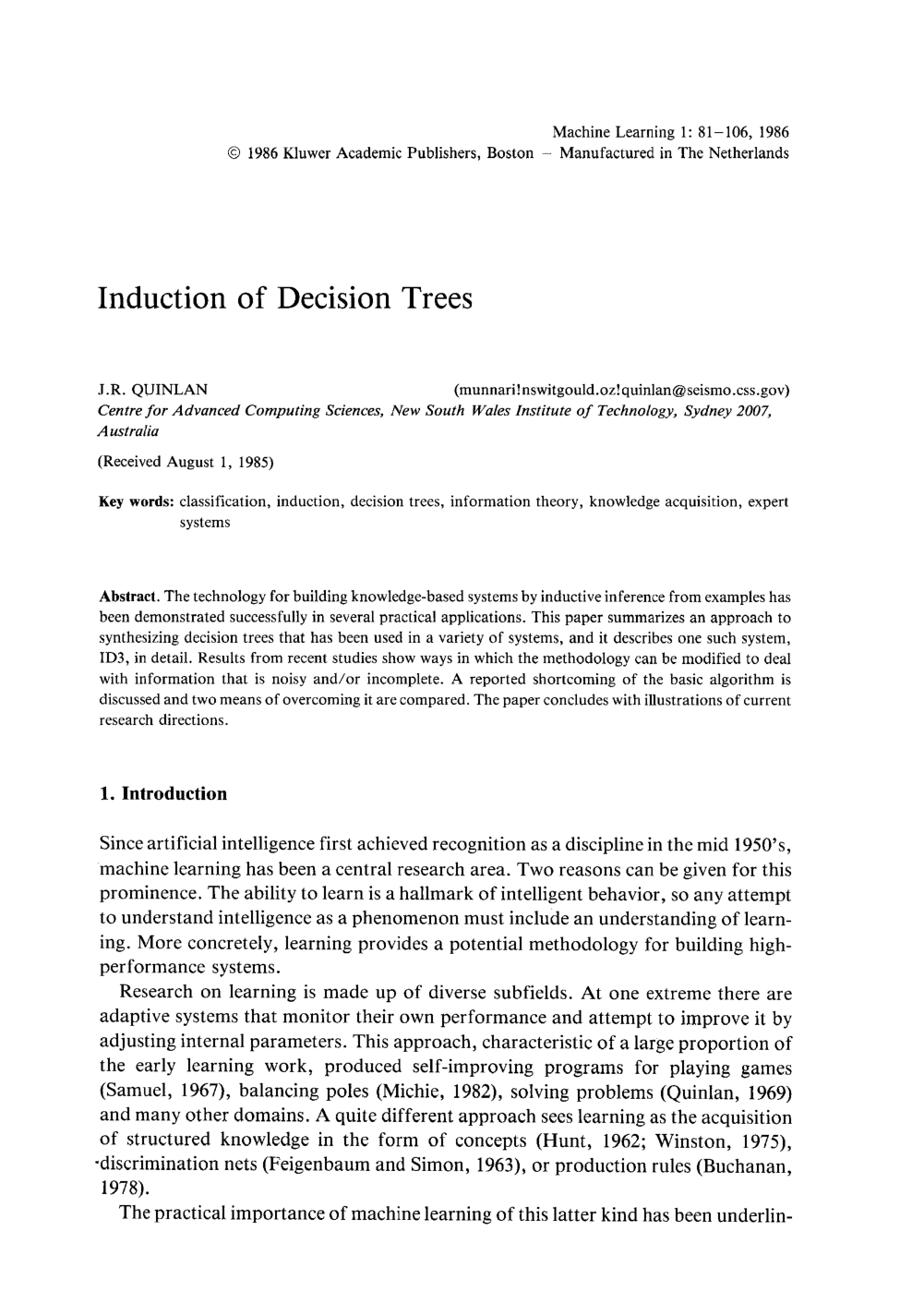 Induction of Decision Trees
