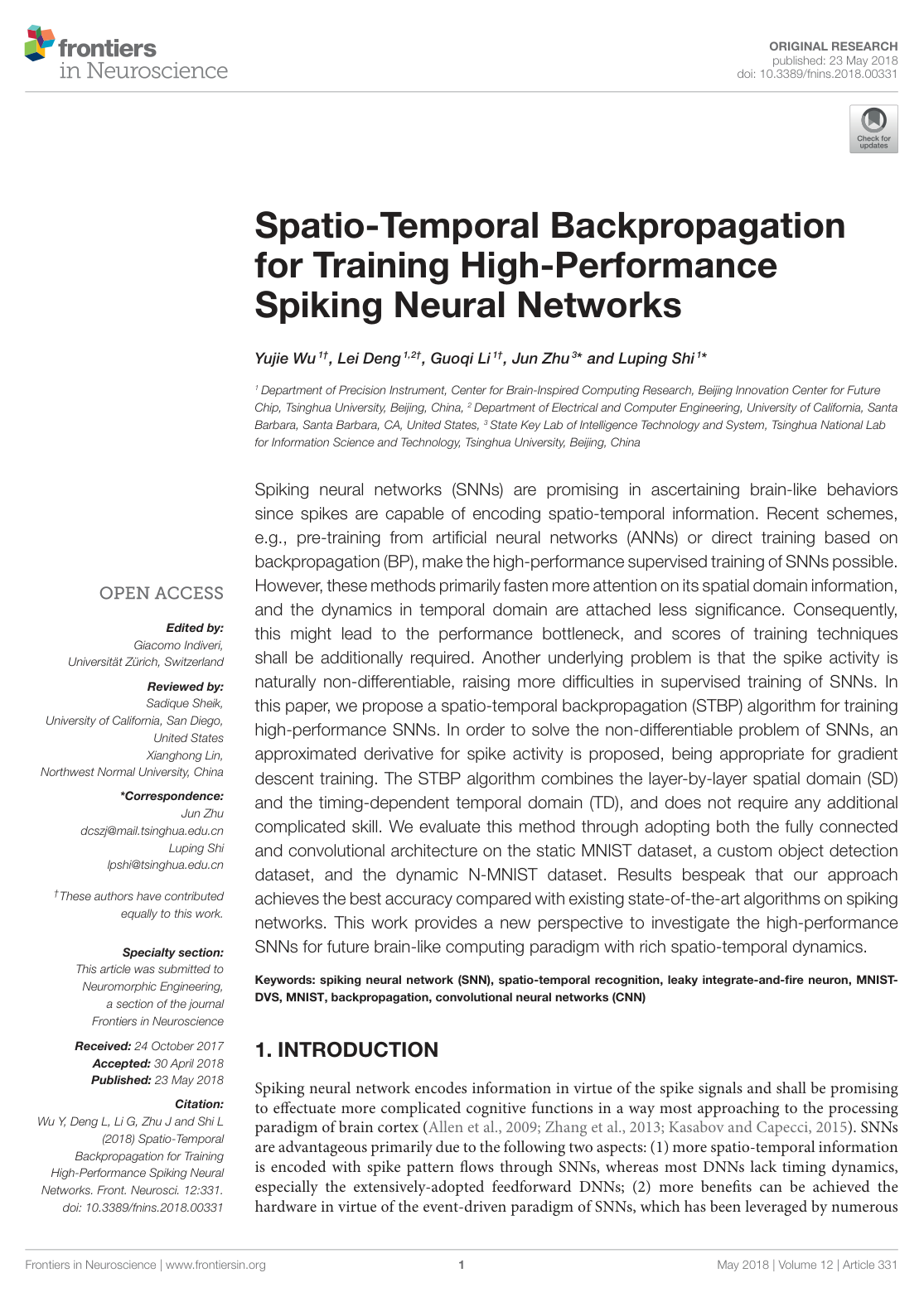 Spatio-Temporal Backpropagation for Training High-Performance Spiking Neural Networks