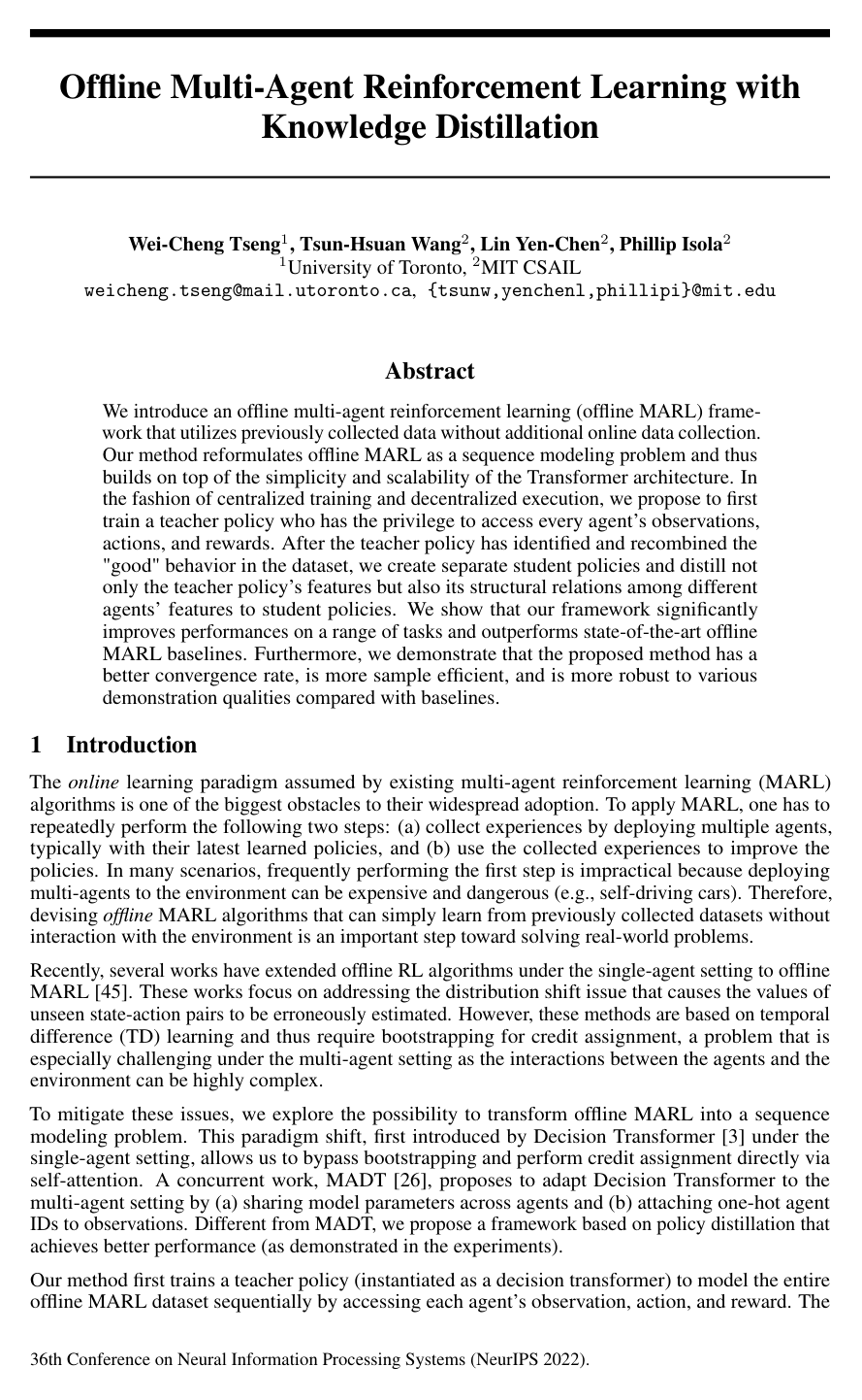 Cover for Offline Multi-Agent Reinforcement Learning with Knowledge Distillation