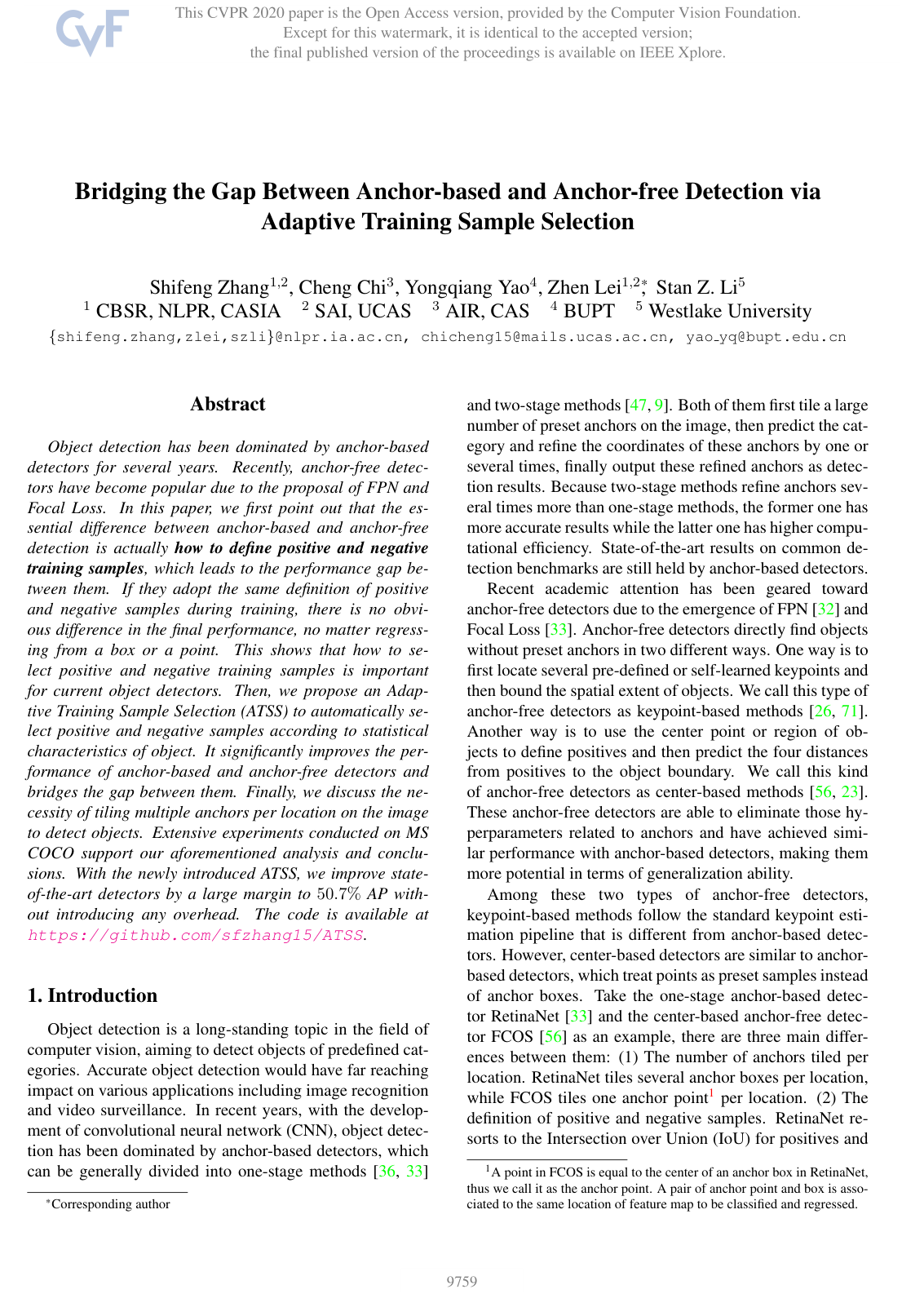 Cover for Bridging the Gap Between Anchor-Based and Anchor-Free Detection via Adaptive Training Sample Selection
