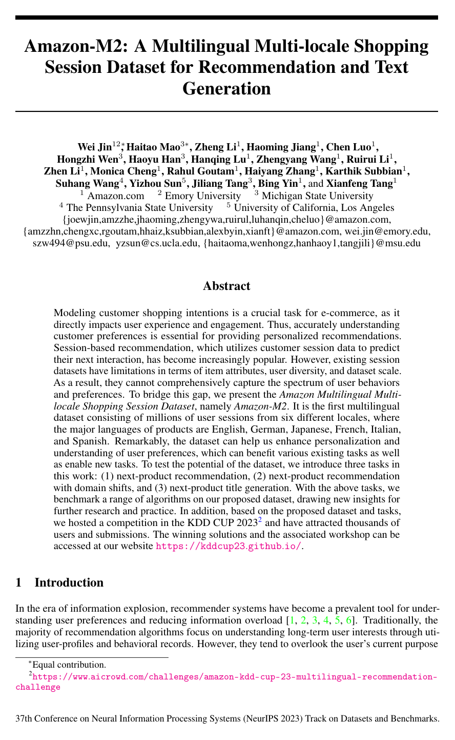 Amazon-M2: A Multilingual Multi-locale Shopping Session Dataset for Recommendation and Text Generation
