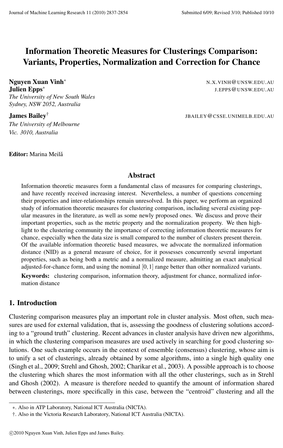 Cover for Information Theoretic Measures for Clusterings Comparison: Variants, Properties, Normalization and Correction for Chance