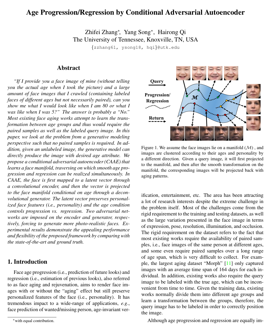 Age Progression/Regression by Conditional Adversarial Autoencoder
