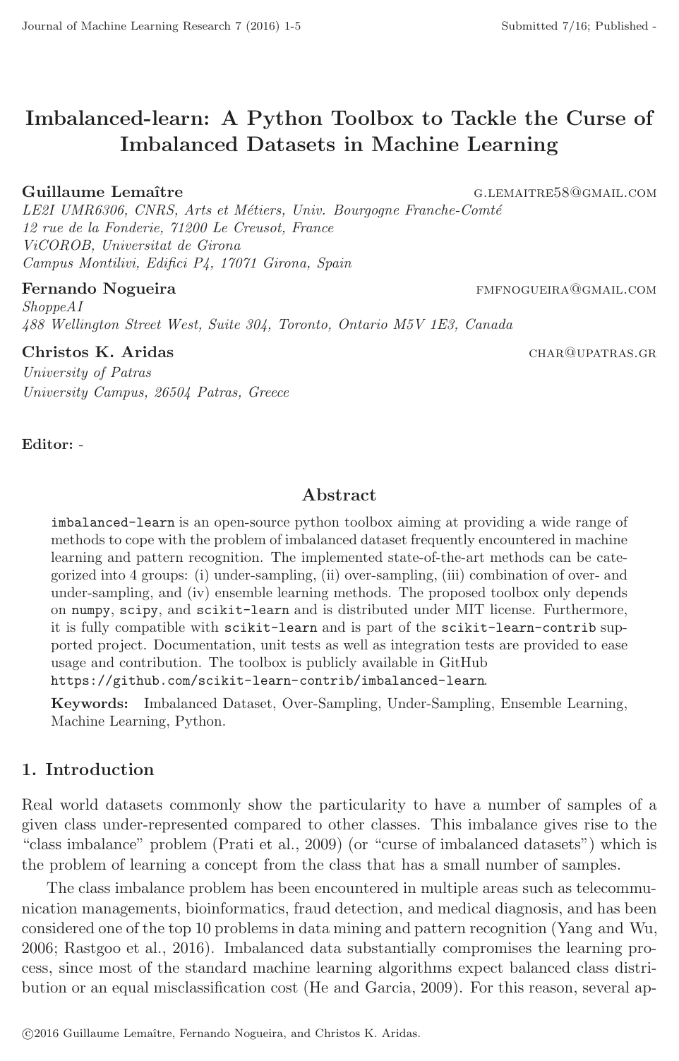 Cover for Imbalanced-learn: A Python Toolbox to Tackle the Curse of Imbalanced Datasets in Machine Learning