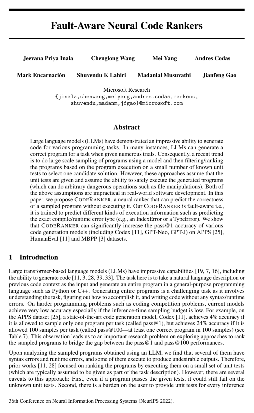 Cover for Fault-Aware Neural Code Rankers