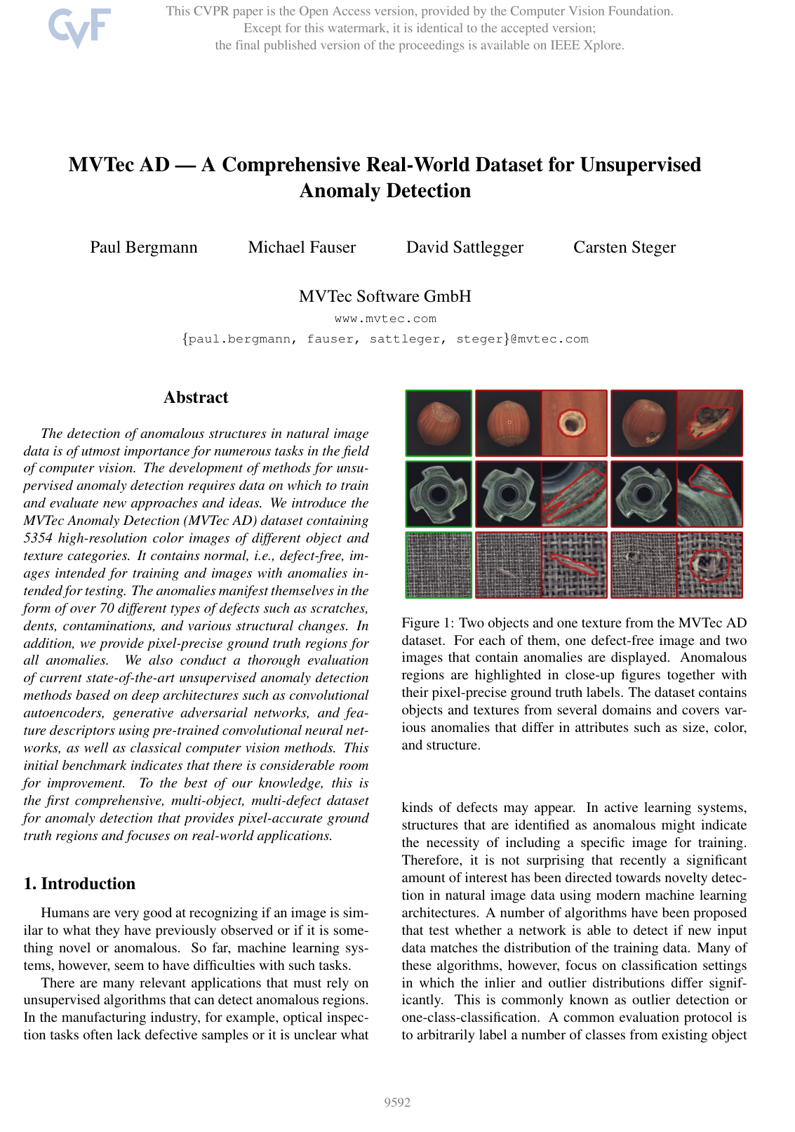 MVTec AD — A Comprehensive Real-World Dataset for Unsupervised Anomaly Detection