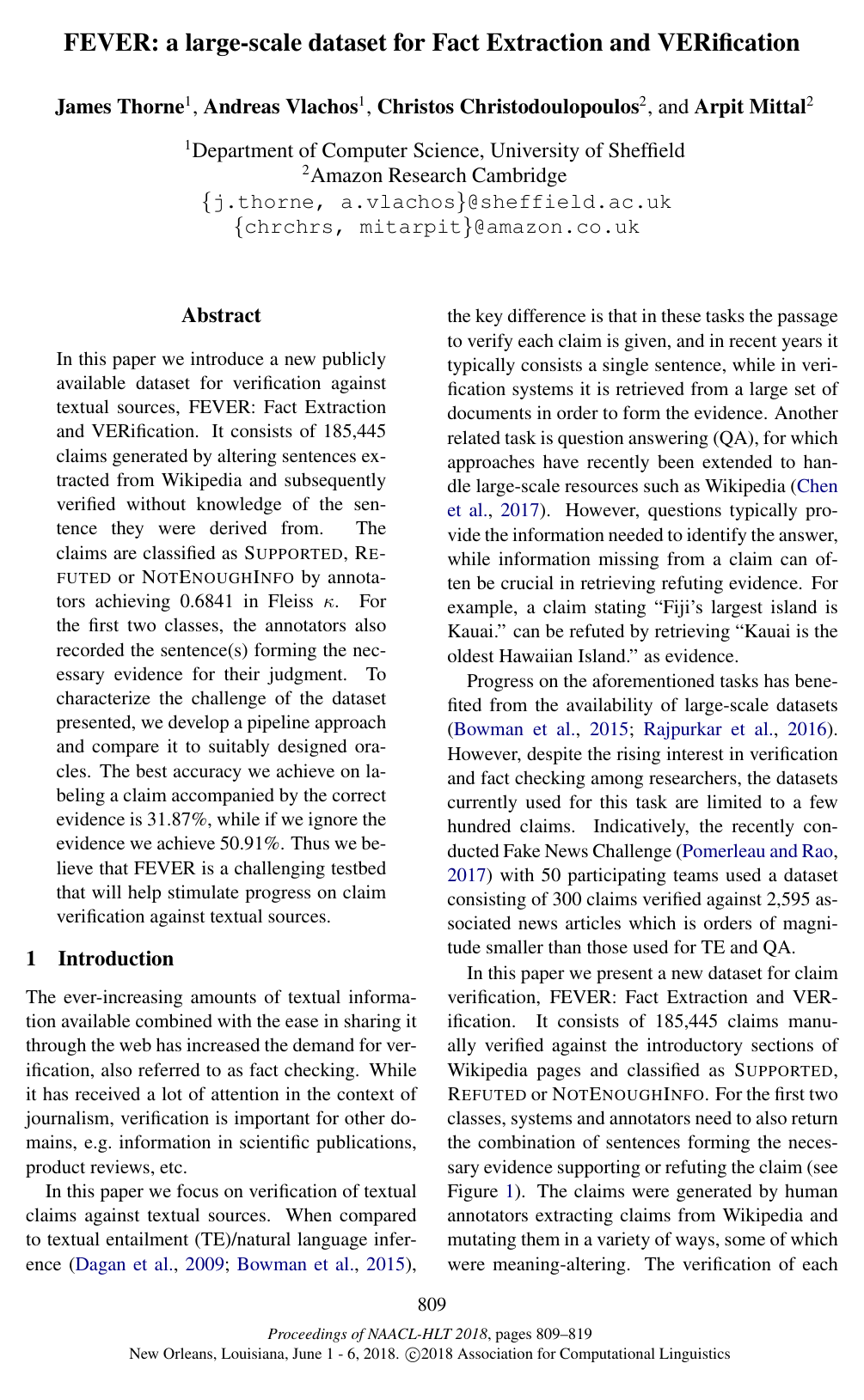 Cover for FEVER: a Large-scale Dataset for Fact Extraction and VERification