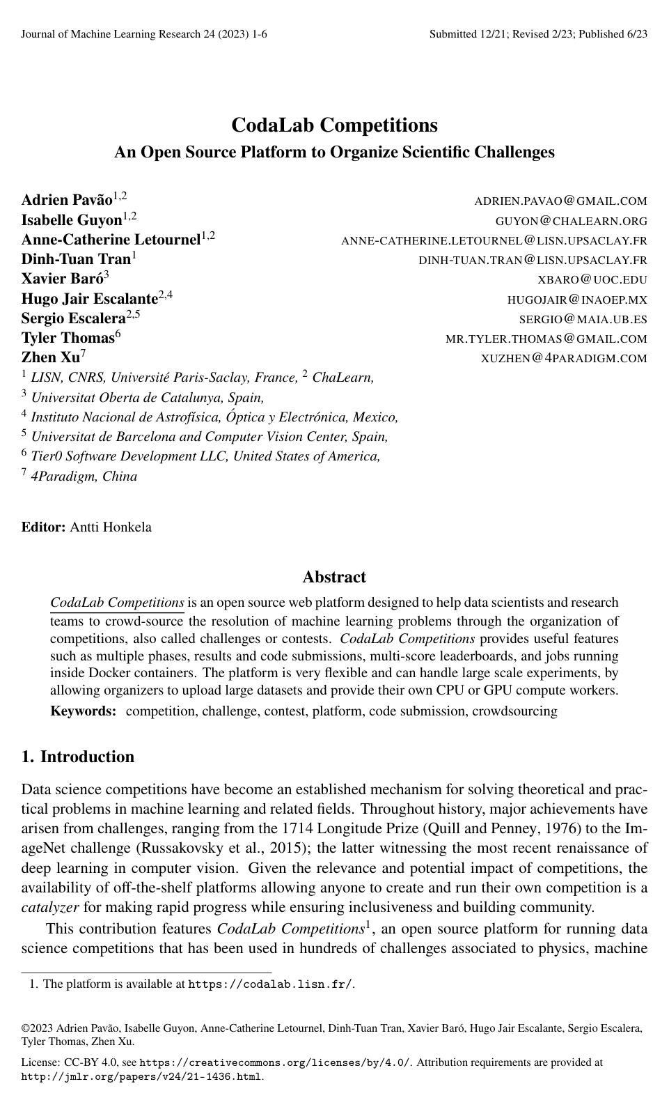 CodaLab Competitions: An Open Source Platform to Organize Scientific Challenges