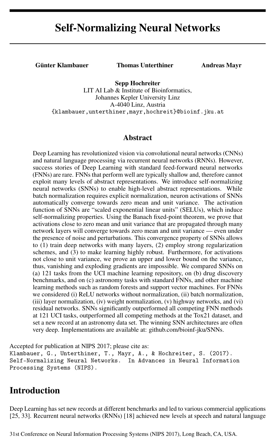 Self-Normalizing Neural Networks
