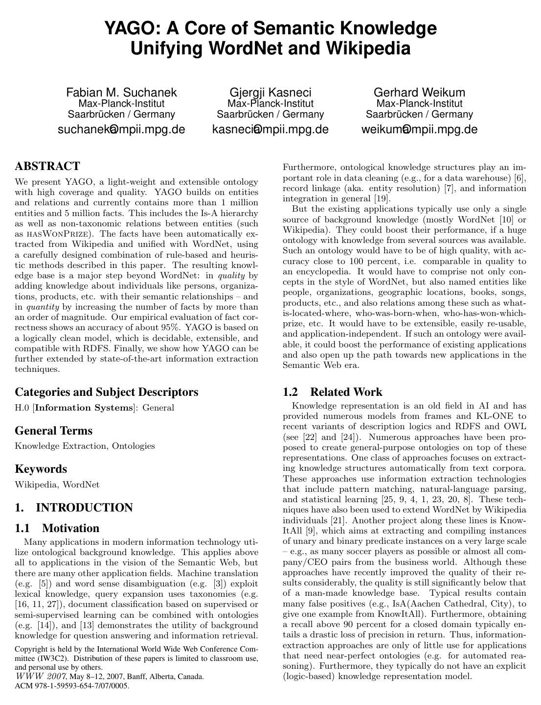 YAGO: A Core of Semantic Knowledge Unifying WordNet and Wikipedia