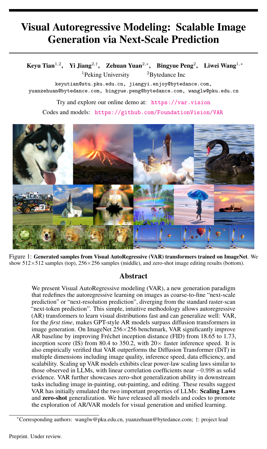 Visual Autoregressive Modeling: Scalable Image Generation via Next-Scale Prediction