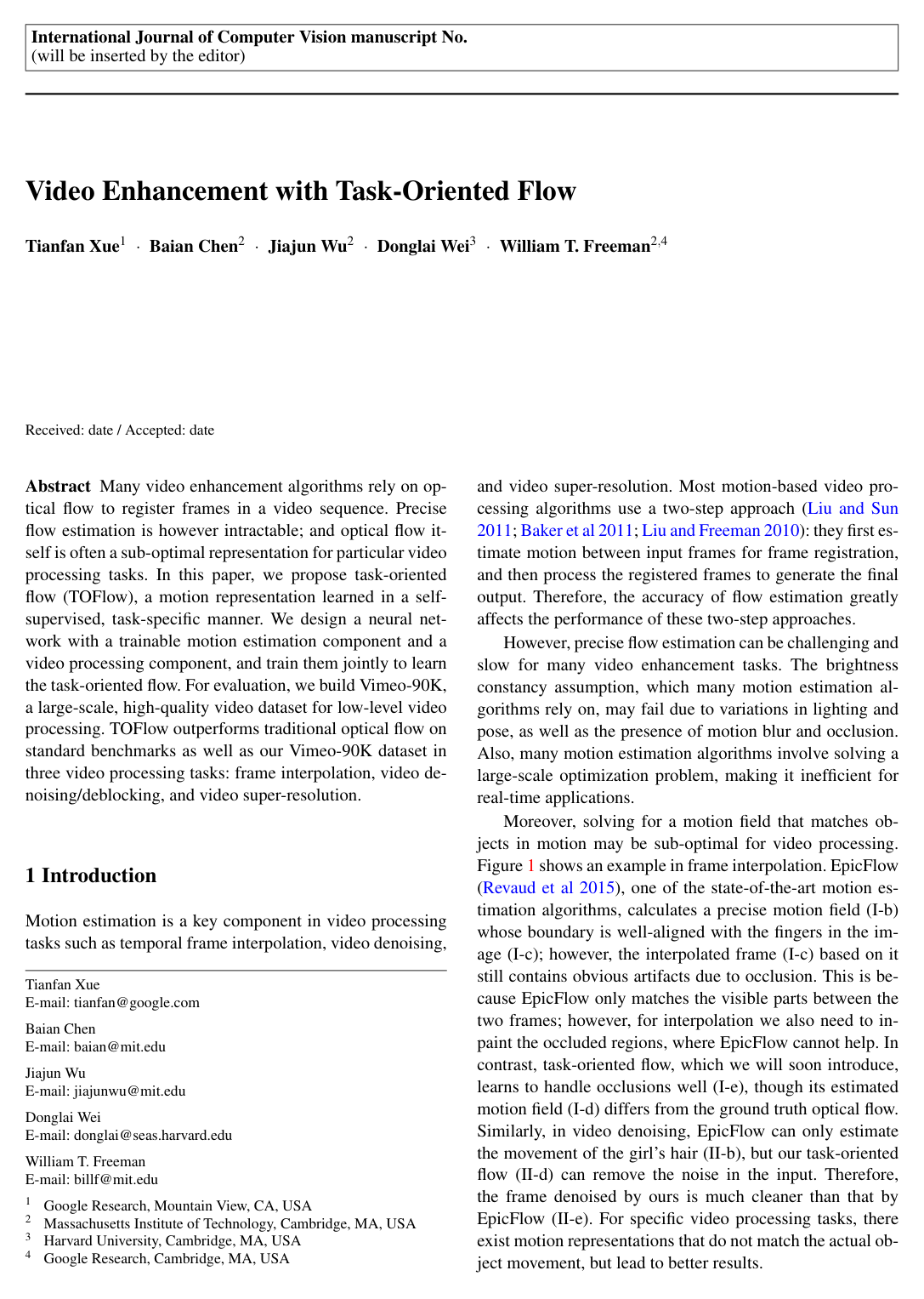 Cover for Video Enhancement with Task-Oriented Flow