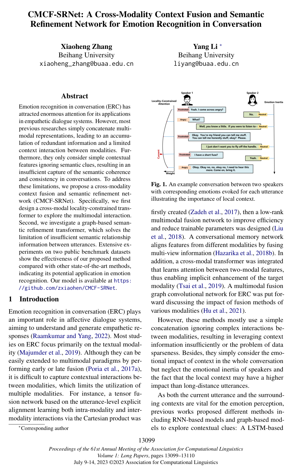 A Cross-Modality Context Fusion and Semantic Refinement Network for Emotion Recognition in Conversation