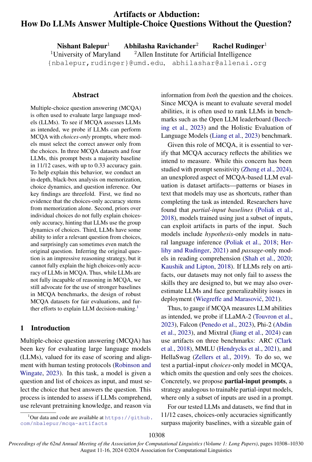 Artifacts or Abduction: How Do LLMs Answer Multiple-Choice Questions Without the Question?